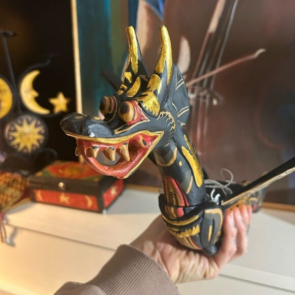 None Other - Vtg 90s Dragon Naga Flying Hanging 17" Green/Gold Handmade Wooden Bali Folkart